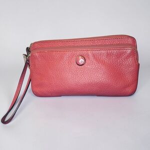 Coach Coral Pink Double Zip Pebbled Leather Wristlet Clutch